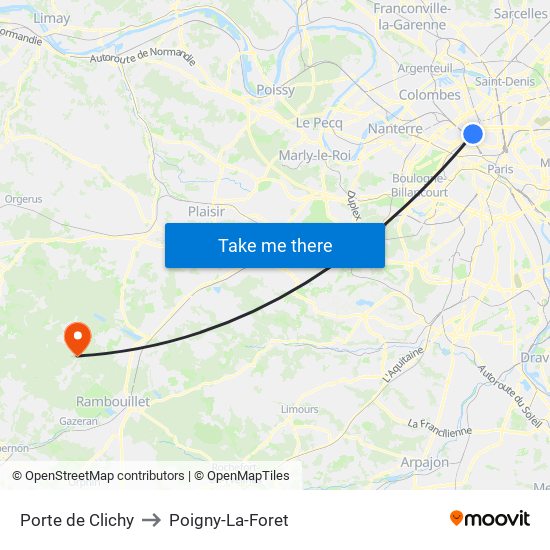 Porte de Clichy to Poigny-La-Foret map