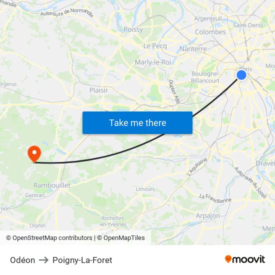 Odéon to Poigny-La-Foret map