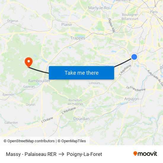Massy - Palaiseau RER to Poigny-La-Foret map