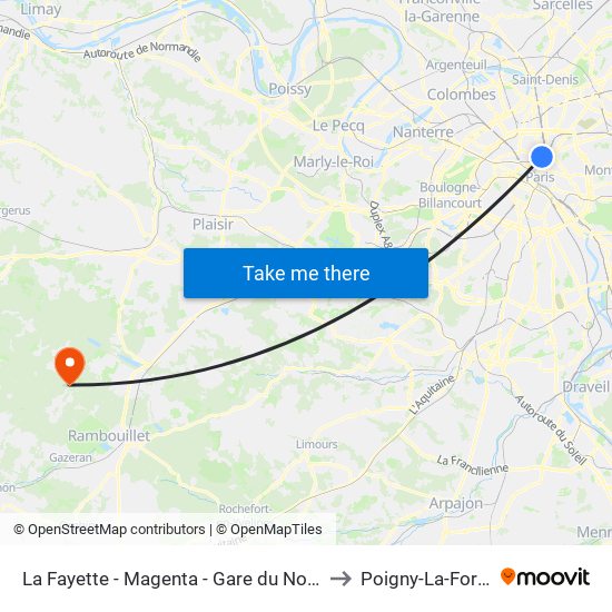 La Fayette - Magenta - Gare du Nord to Poigny-La-Foret map