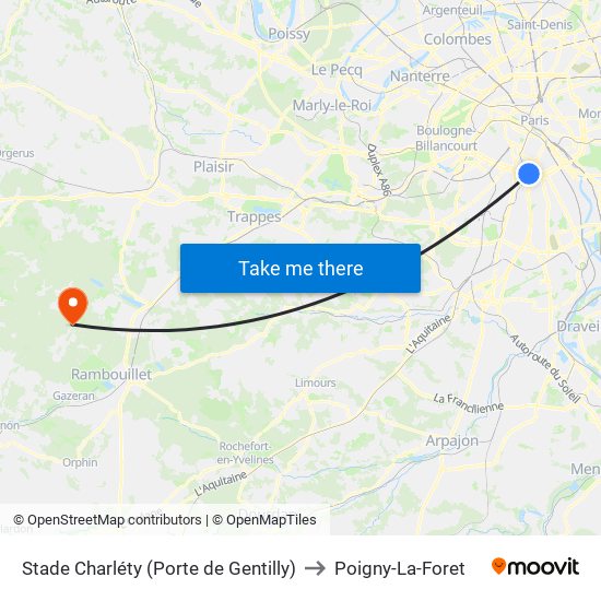 Stade Charléty (Porte de Gentilly) to Poigny-La-Foret map
