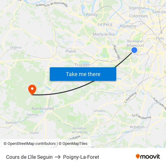 Cours de L'Ile Seguin to Poigny-La-Foret map