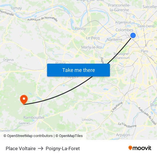 Place Voltaire to Poigny-La-Foret map