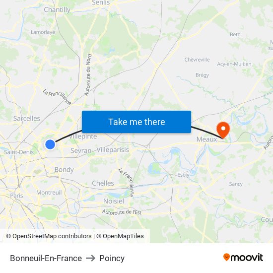 Bonneuil-En-France to Poincy map