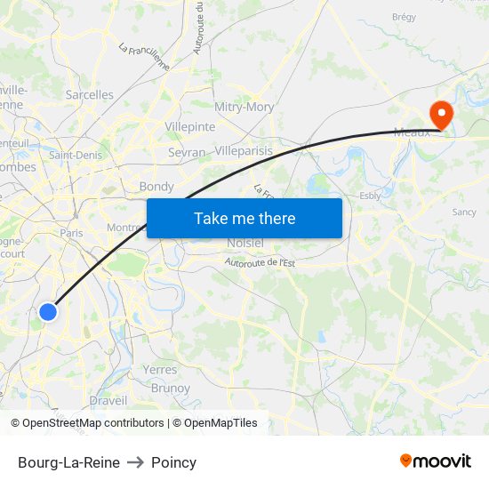 Bourg-La-Reine to Poincy map