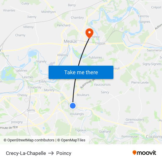 Crecy-La-Chapelle to Poincy map