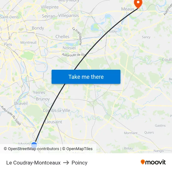 Le Coudray-Montceaux to Poincy map