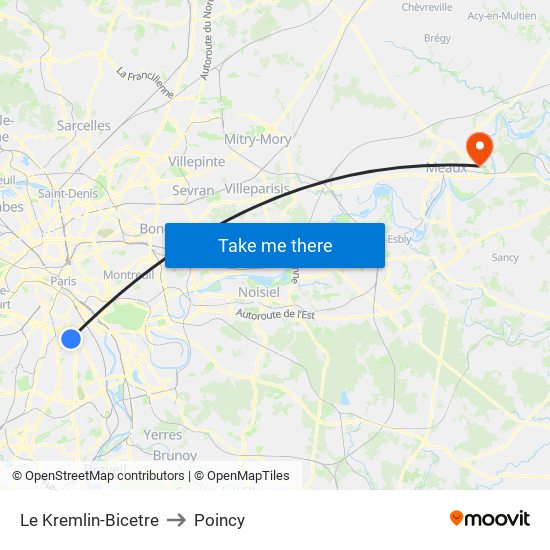 Le Kremlin-Bicetre to Poincy map