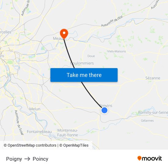 Poigny to Poincy map