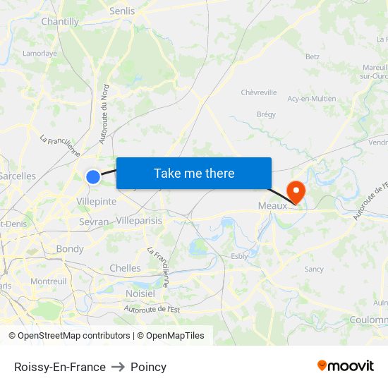 Roissy-En-France to Poincy map