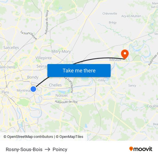Rosny-Sous-Bois to Poincy map