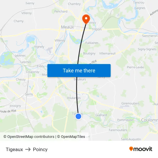 Tigeaux to Poincy map