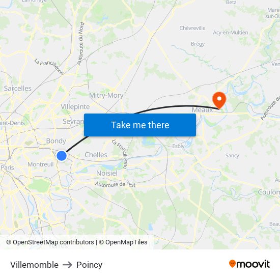 Villemomble to Poincy map