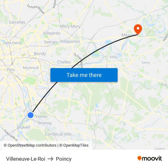 Villeneuve-Le-Roi to Poincy map