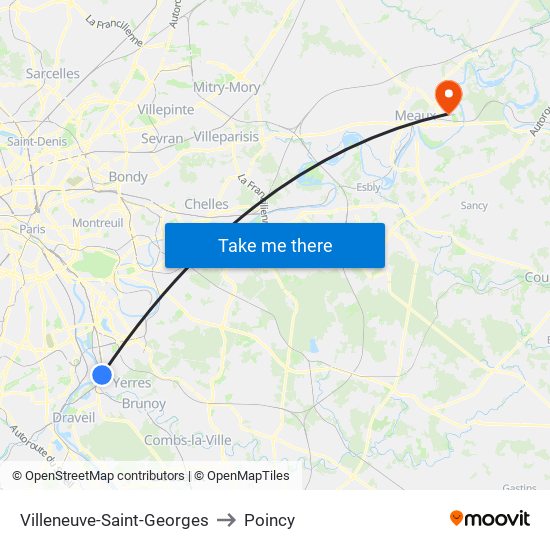 Villeneuve-Saint-Georges to Poincy map