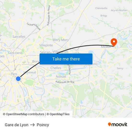 Gare de Lyon to Poincy map