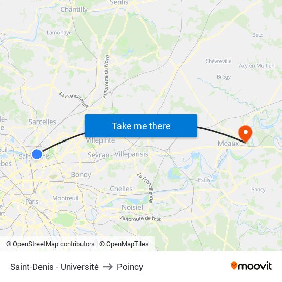 Saint-Denis - Université to Poincy map
