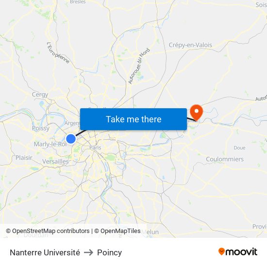 Nanterre Université to Poincy map