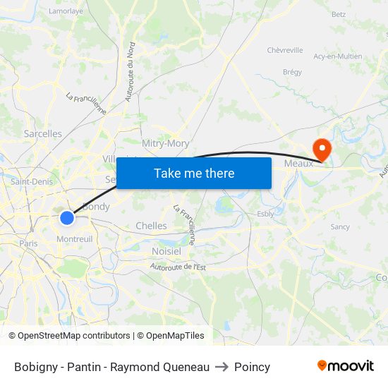 Bobigny - Pantin - Raymond Queneau to Poincy map