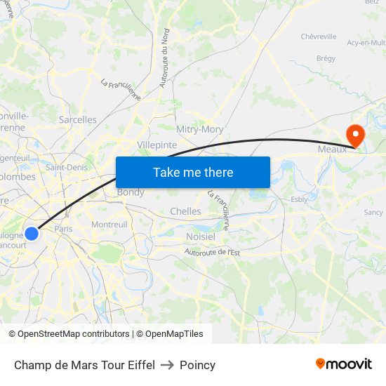 Champ de Mars Tour Eiffel to Poincy map