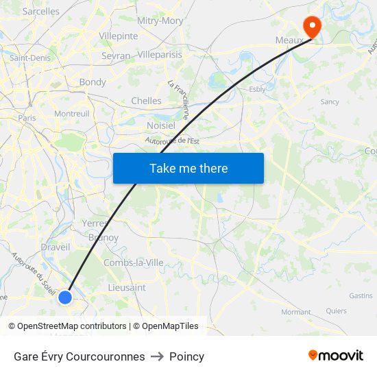 Gare Évry Courcouronnes to Poincy map