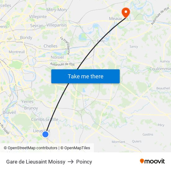 Gare de Lieusaint Moissy to Poincy map