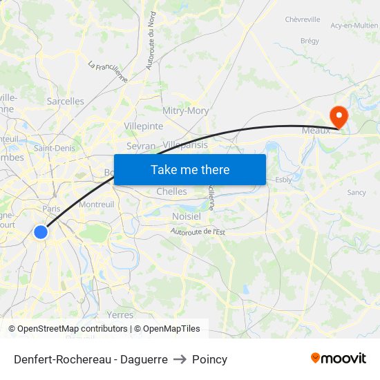 Denfert-Rochereau - Daguerre to Poincy map