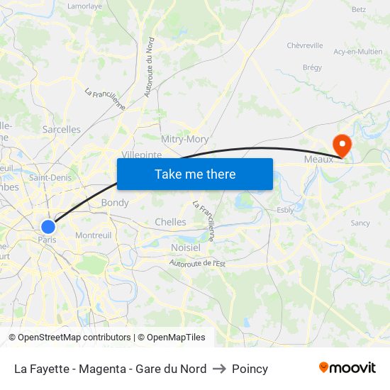 La Fayette - Magenta - Gare du Nord to Poincy map