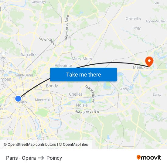 Paris - Opéra to Poincy map