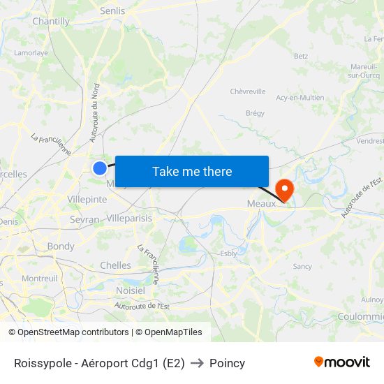 Roissypole - Aéroport Cdg1 (E2) to Poincy map