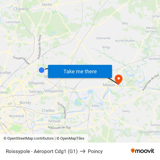 Roissypole - Aéroport Cdg1 (G1) to Poincy map