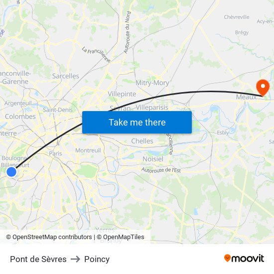 Pont de Sèvres to Poincy map