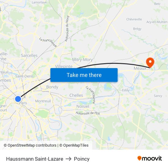 Haussmann Saint-Lazare to Poincy map