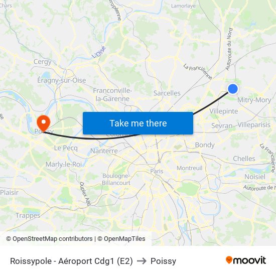 Roissypole - Aéroport Cdg1 (E2) to Poissy map