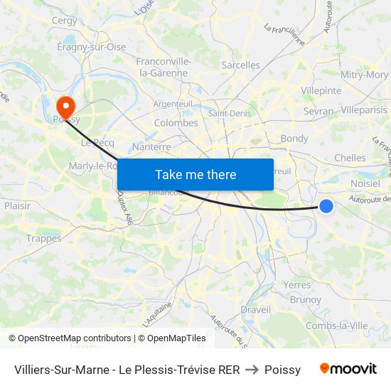 Villiers-Sur-Marne - Le Plessis-Trévise RER to Poissy map