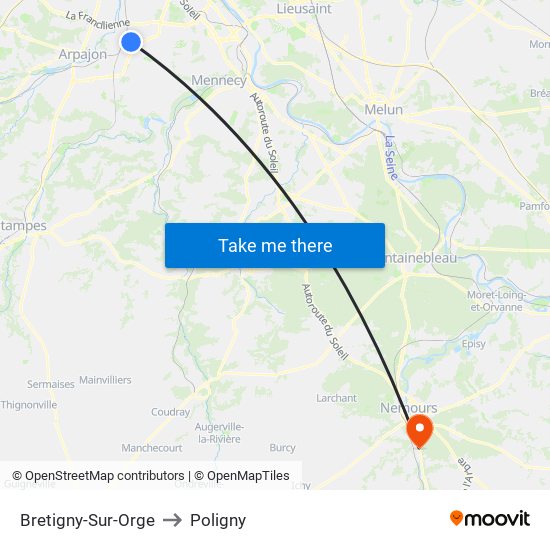 Bretigny-Sur-Orge to Poligny map