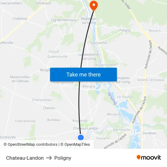 Chateau-Landon to Poligny map