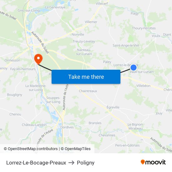 Lorrez-Le-Bocage-Preaux to Poligny map