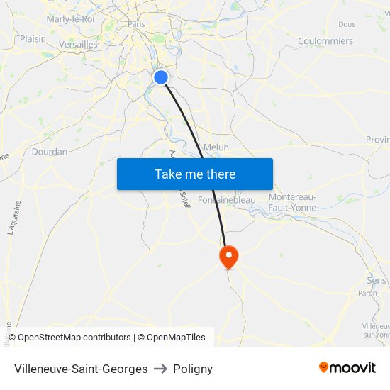 Villeneuve-Saint-Georges to Poligny map
