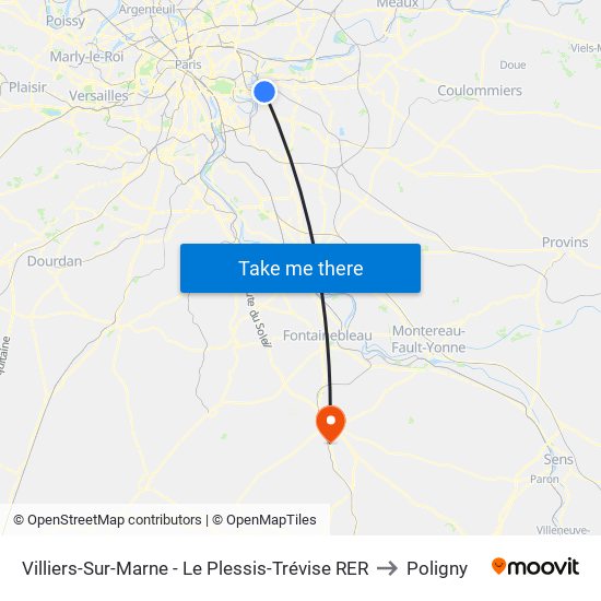 Villiers-Sur-Marne - Le Plessis-Trévise RER to Poligny map