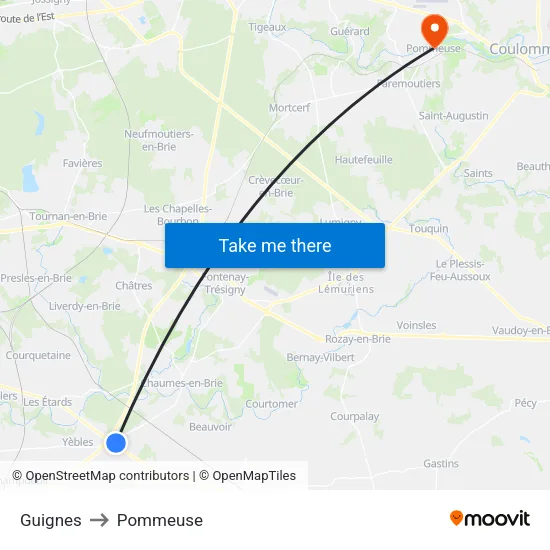 Guignes to Pommeuse map