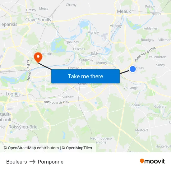 Bouleurs to Pomponne map