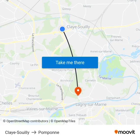 Claye-Souilly to Pomponne map