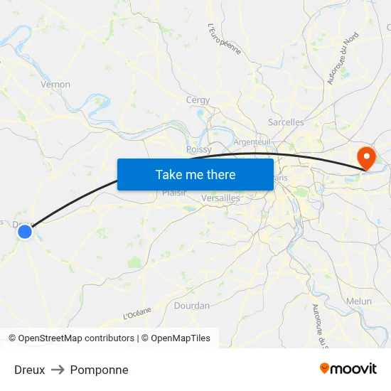 Dreux to Pomponne map