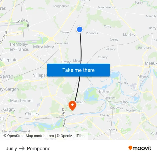 Juilly to Pomponne map