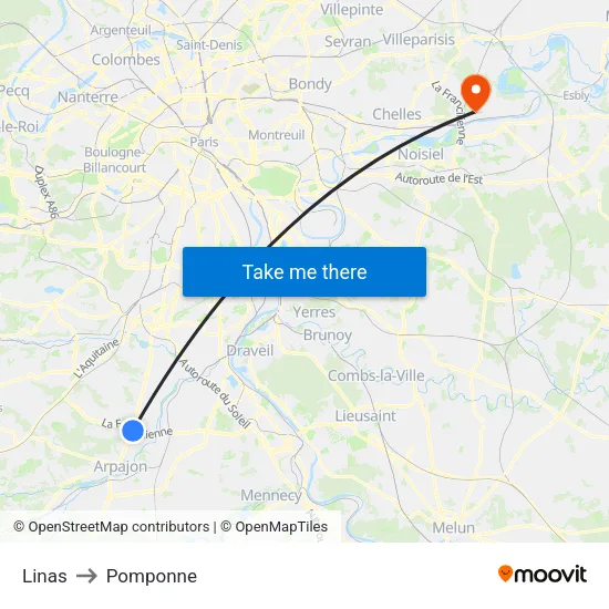 Linas to Pomponne map