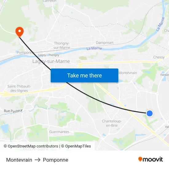 Montevrain to Pomponne map
