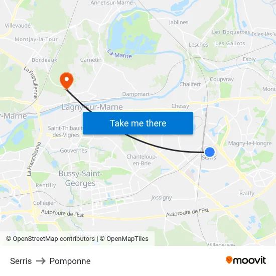 Serris to Pomponne map