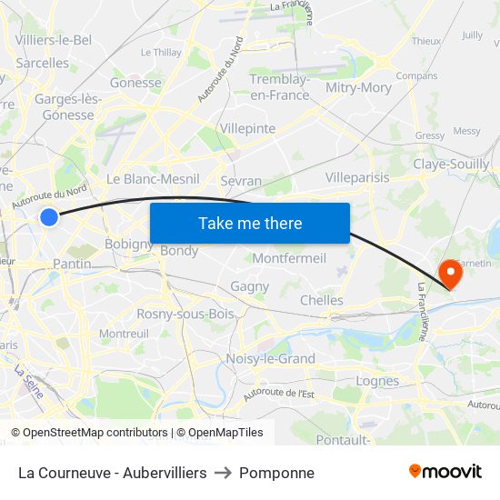La Courneuve - Aubervilliers to Pomponne map