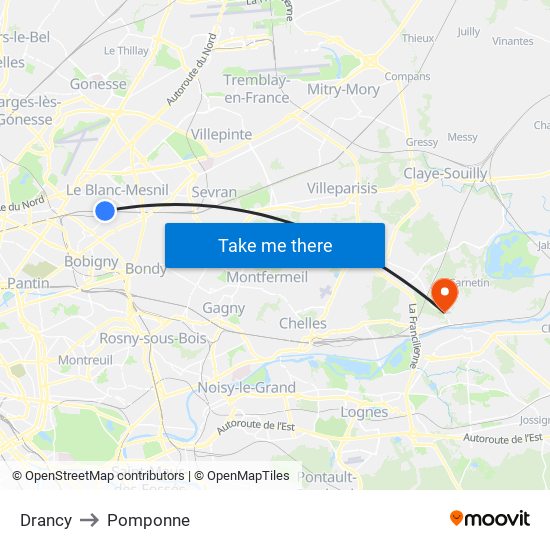 Drancy to Pomponne map